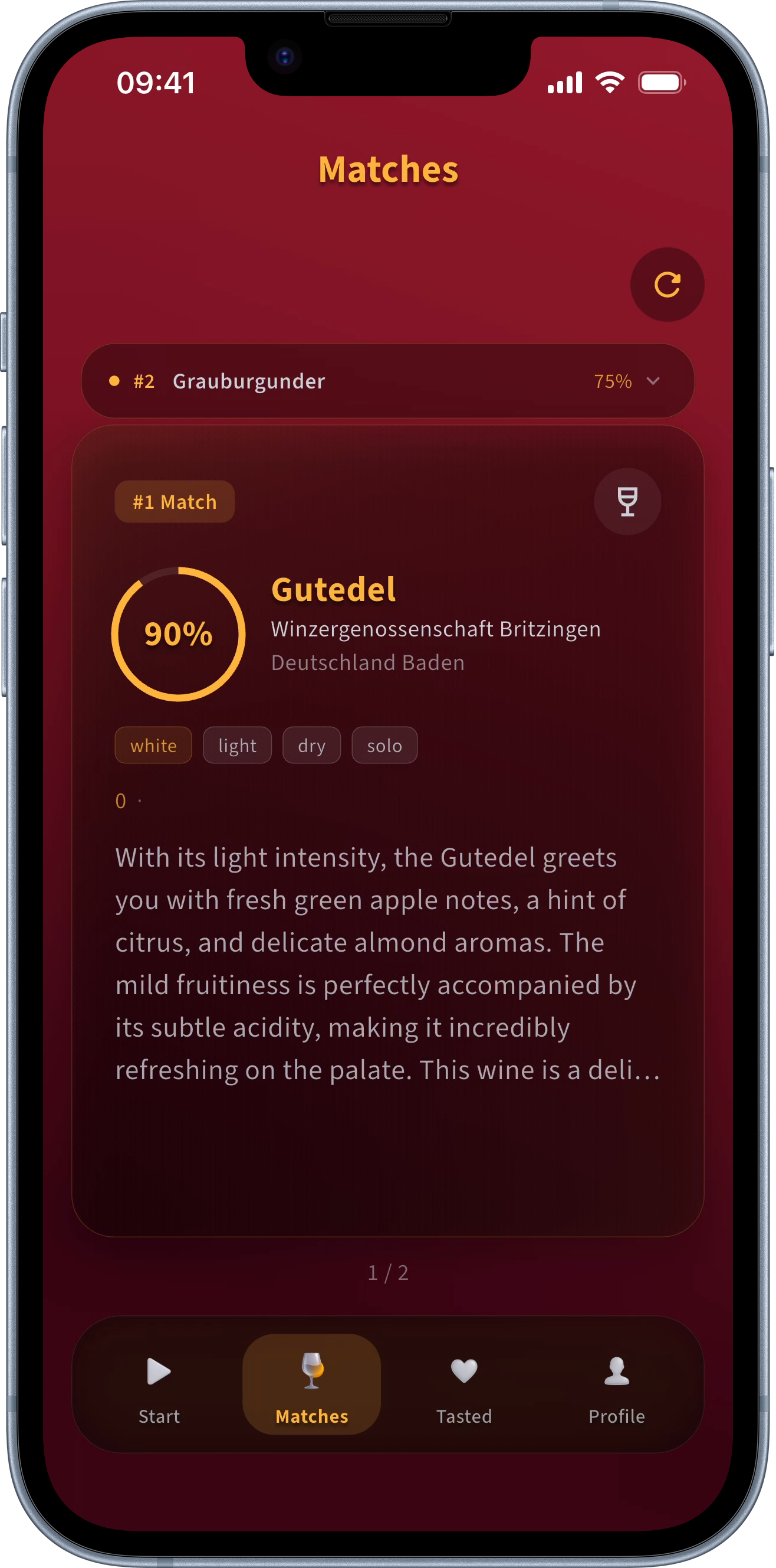 Match to you — Tell Sommelio how you feel today — light or full-bodied, dry or sweet, oaked or unoaked, aperitif or with food. Each scanned wine gets a match score and a plain-language verdict: why it fits, and where it falls short.