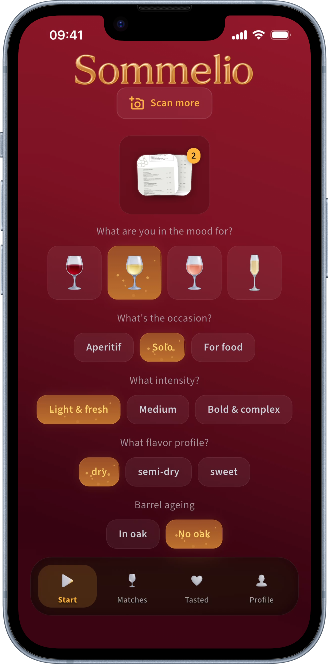 Scan anything — Open Sommelio, tap the camera, capture a single bottle, a restaurant's full wine list, or every label on the shelf in front of you. No photo handy? Paste a link to the restaurant's PDF wine list and Sommelio reads it the same way — matching every label against millions of indexed wines.