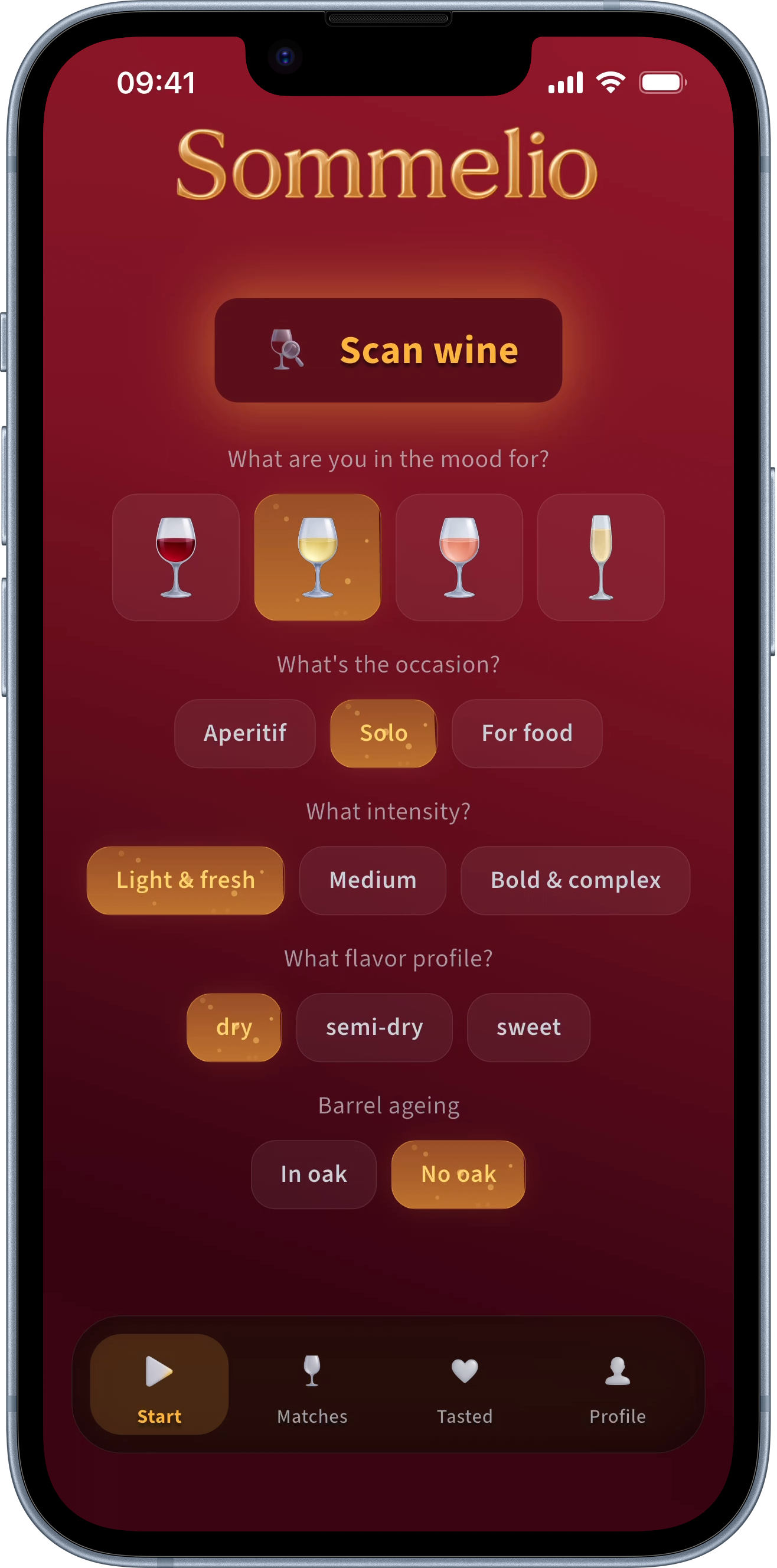 Sommelio start screen: a “Scan wine” button above taste pickers for occasion, intensity, flavour and barrel ageing to set today’s mood